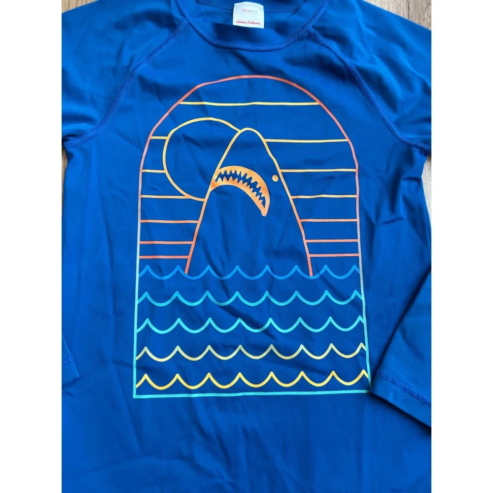 Hanna Andersson Boys Blue Shark Graphic Long Sleeve Rash Guard Swim Shirt Size 8